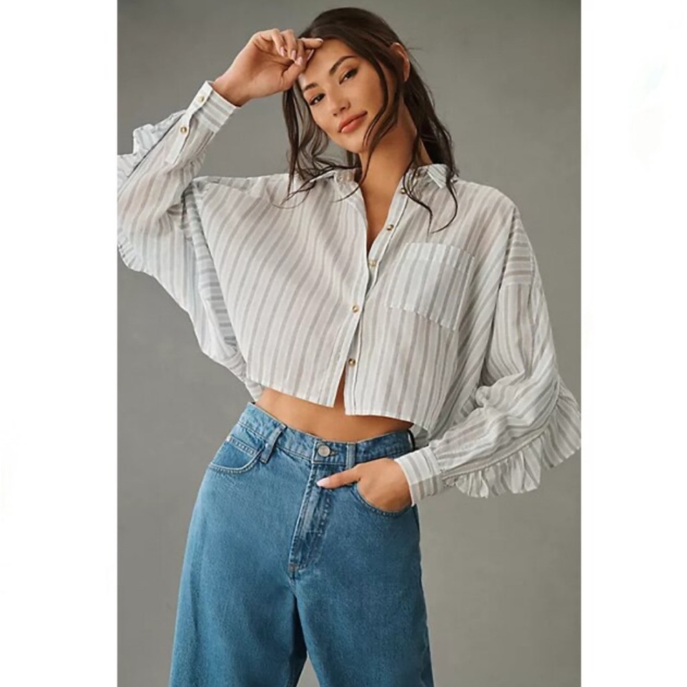 Anthropologie Giselle Blue Stripe Button Down with Ruffle Detail.